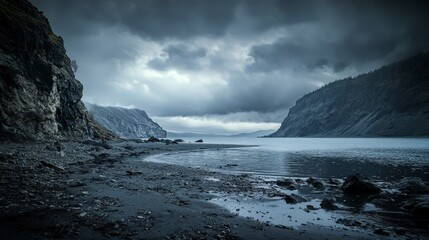 Obraz premium Lonely coastal landscape serene beach nature photography ominous weather tranquil viewpoint emotions of isolation