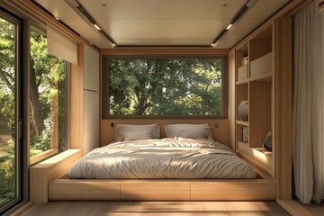Fototapeta premium Modern Minimalist Tiny House Bedroom Design with Large Window and Built in Storage