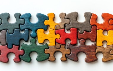 Obraz premium Colorful wooden puzzle pieces forming a partially completed geometric shape on a white background