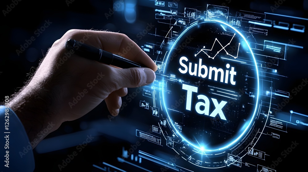 Poster Advanced Digital Finance Concept with Virtual Tax Submission and AI Driven Insights Holographic Screen Displays Tax Summary Reports Payment Verification