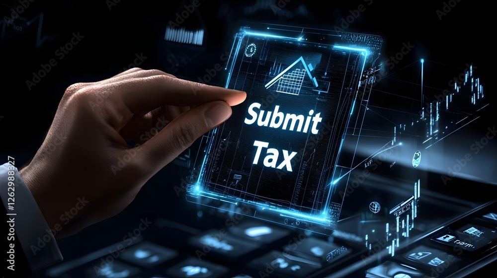 Poster Advanced digital finance concept featuring a business hand selecting  Submit Tax  on a virtual interface  The holographic screen displays tax summary reports payment verification