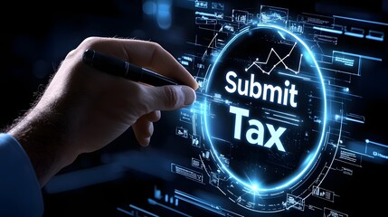 Advanced Digital Finance Concept with Virtual Tax Submission and AI Driven Insights Holographic Screen Displays Tax Summary Reports Payment Verification