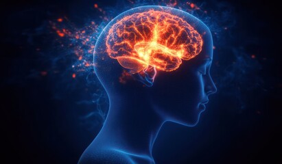 Human Head Profile Surreal Digital Art Glowing Brain Electric Bursts Headache