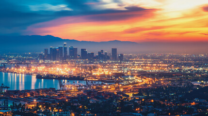 Obraz premium Container truck in ship port for business Logistics and transportation of Container Cargo ship and Cargo plane with working crane bridge in shipyard at sunrise, logistic import export and transport