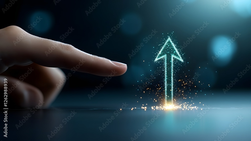Poster Dynamic green arrow shooting skyward with a subtle glow symbolizing financial momentum and strategic direction  A human finger interacts with the arrow signifying influence and business control