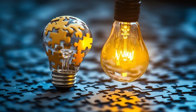 Jigsaw puzzle pieces assembling into a glowing yellow light bulb, flat lay composition, bright tones, minimalist style, sharp focus, concept of innovation