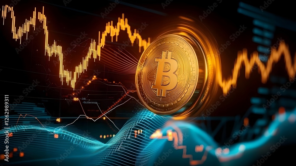 Poster Sophisticated Digital Economy Visualization with Glowing Bitcoin Coin Fluctuating Candlestick Graphs and Financial Trading Metrics