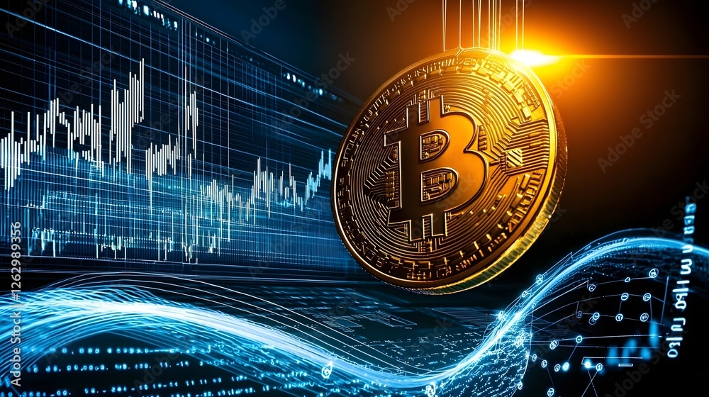 Aufkleber Shining golden Bitcoin cryptocurrency coin suspended in high tech trading environment with interactive crypto market chart displaying bullish trends and blockchain network analytics