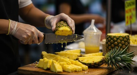 Cutting Fresh Pineapple with Knife on Wooden Board for Refreshment