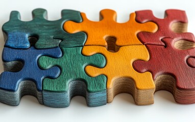 Fototapeta premium Partially assembled colorful wooden puzzle pieces forming a geometric shape