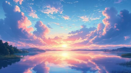 Serene Landscape with Sunset Vibrant Tranquil Lake Floating Island Clouds Sea Fantasy