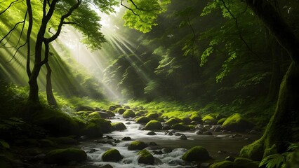 Obraz premium 光の差す森