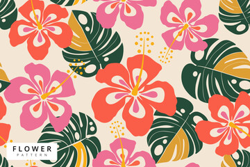 vector illustration of hibiscus seamless pattern design, tropical flower and summer season, background and wallpaper abstract design © OurVibesStudio