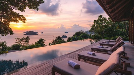 Fototapeta premium Serene Sunset Over Infinity Pool In Tropical Resort Paradise