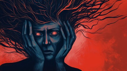 A surreal, artistic depiction of a person struggling with depression and anxiety, hands on their head, surrounded by chaotic and dark elements representing inner turmoil and overthinking.