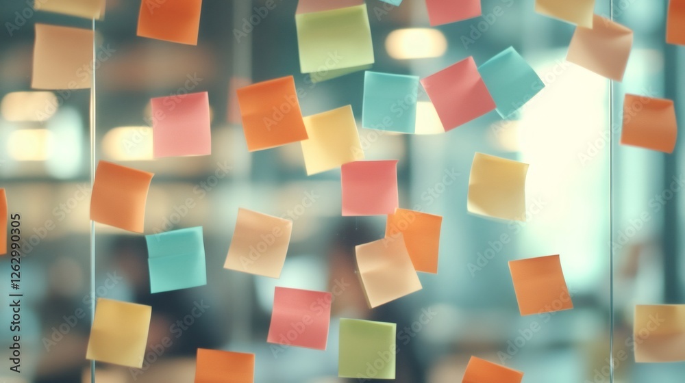 Poster vibrant sticky notes scattered on a glass surface symbolize the chaos of multitasking, time manageme