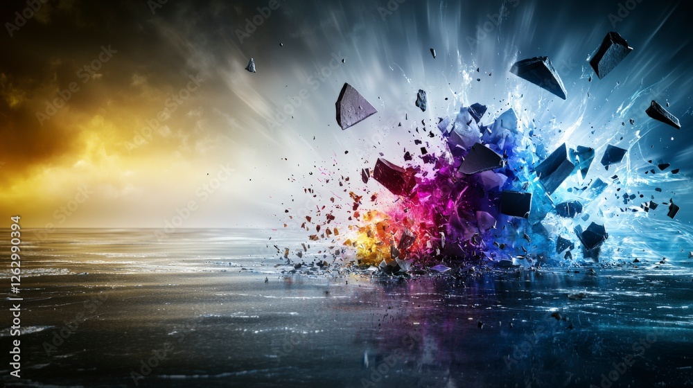 Poster surreal explosion of broken dreams abstract landscape with evocative colors and dramatic perspective