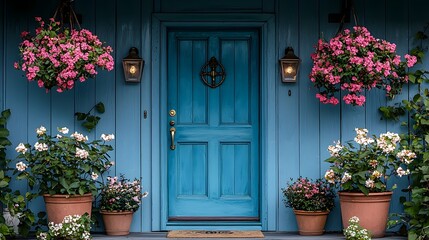 Fototapeta premium Charming blue front door with classic knocker and potted plants on each side welcoming and clean atmosphere copy space available for text overlay or other design elements
