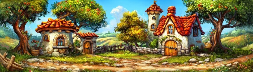 Fairytale village houses, sunny hills, game background