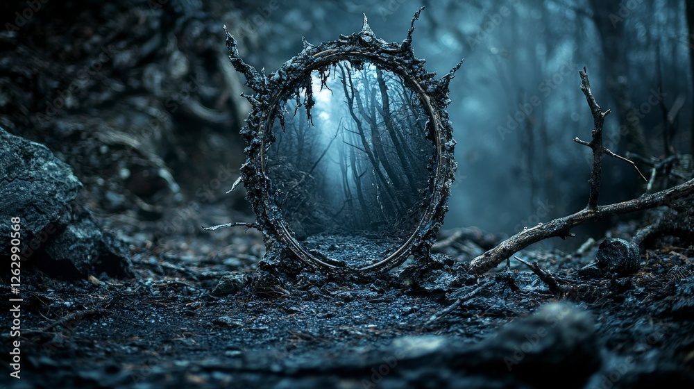Aufkleber Breaking through the darkness a mirror to self-reflection in an enchanted forest environment