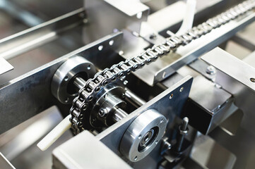 Close-up of mechanical pneumatic equipment elements in manufacturing equipment production