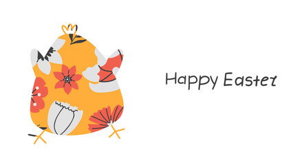 Easter day card with abstract chick with floral spring pattern. Hand-draw vector festive design