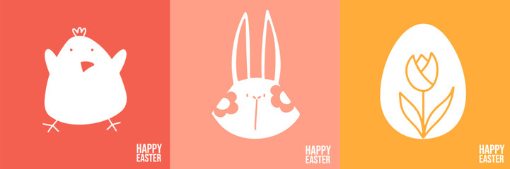 Simple Happy Easter day cards with chick, rabbit and egg. Festive design set.