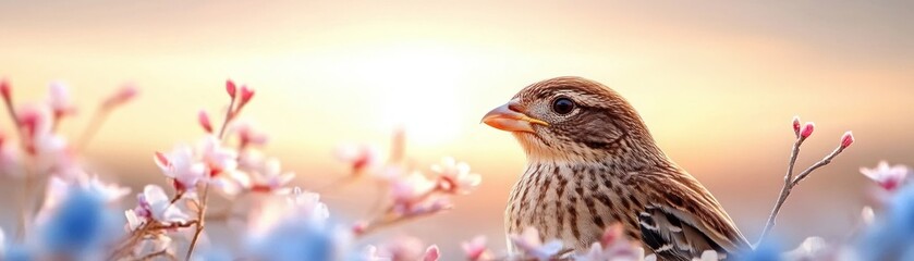 Obraz premium Capture the essence of spring with a beautiful bird amongst cherry blossoms, mirroring the vibrant energy of an Ecommerce startup team discussing marketing strategies in a meeting Just as nature's