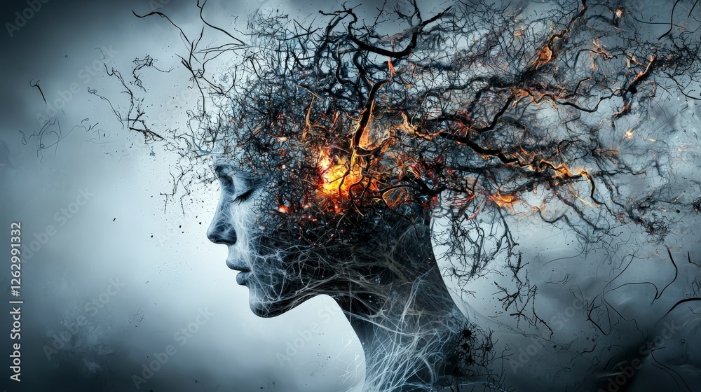 Poster Disintegrating thoughts unraveling in the air abstract portrait surreal environment conceptual viewpoint