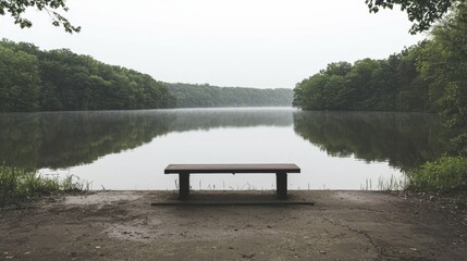 Obraz premium Serene Lake View with Bench Amidst Misty Green Nature Scene