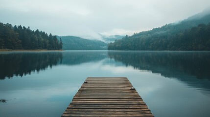 Serene Lake View from Wooden Pier Surrounded by Misty Mountains