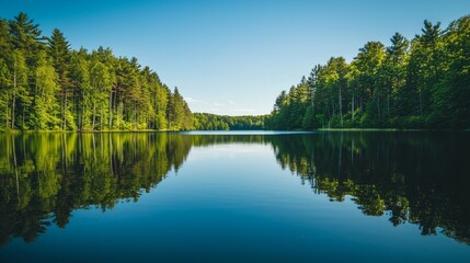 Obraz premium Serene Lake Surrounded by Lush Forest Under Clear Blue Sky