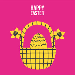 Happy Easter card with basket with egg and daffodil flowers. Vector hand-draw illustration