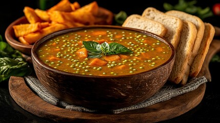 Indonesian bubur kacang hijau with mung beans, coconut milk, and palm sugar syrup, served in a rustic bowl 