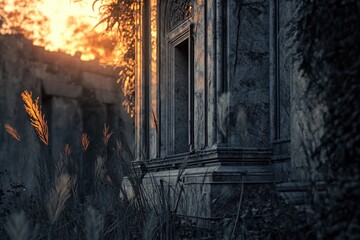 Obraz premium Ancient stone structure at sunset, overgrown with grass, showing signs of age and decay.