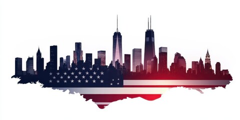 Obraz premium American cityscape silhouette overlayed onto the united states flag
