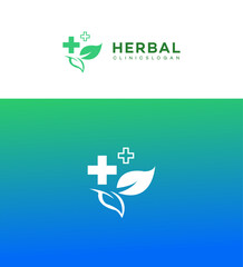 Herbal Clinic Logo Design Green Leaves, Plus Sign, Healthcare