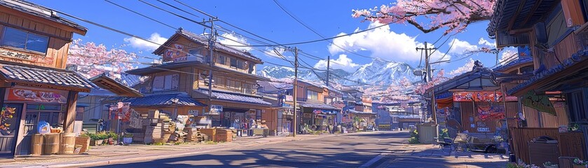 Naklejka premium Sunny spring day in Japanese village street scene, mountain backdrop, peaceful atmosphere