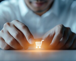 Elevate your e-commerce game with our stunning visuals featuring a Businessman selecting shopping cart icon on a virtual online marketplace interface Captivate your audience with the power of