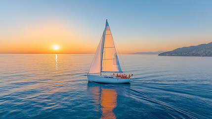 Fototapeta premium A sailboat gracefully sailing on the water during a sunset. The sky is painted with orange and yellow as the sun descends near the horizon, shimmering reflection on the calm sea.