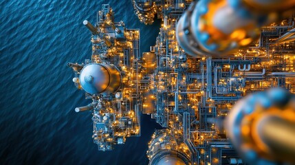 Top View of Industrial Plant with Pipes and Lights Over Water