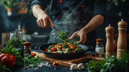 A chef cooking a beautifully plated dish with fresh vegetables and herbs, showcasing culinary expertise.