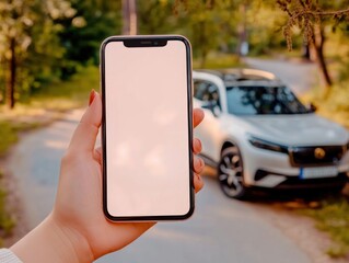 Elevate your presentations with this realistic Mockup of a hand holding an iPhone Pro Max with a blank screen for infographic and business web design Display your app UI, website design, or marketing