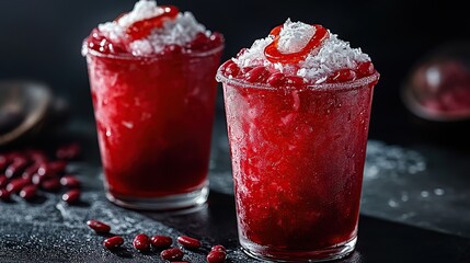 Indonesian es kacang merah with red beans, shaved ice, coconut milk, and palm sugar syrup, served in a traditional glass
