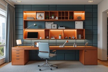 Futuristic Tech-Enhanced Home Office with Organized 3D Wall Setup