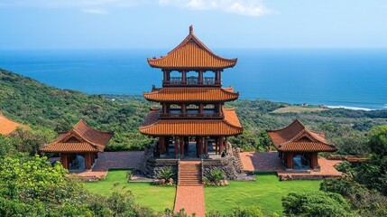 Obraz premium Coastal Pagoda Scenic Viewpoint, Ocean Background