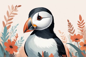 Naklejka premium Artistic minimalist cartoon colorful fantasy animal character portrait, magical dreamy nursery decor story book illustration artwork, nature theme texture design.