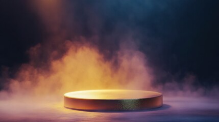 Golden Product Display Podium with Ethereal Smoke and Atmospheric Lighting for Showcase and Presentation.