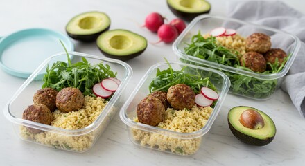 Healthy Meal Prep Containers with Couscous, Meatballs, and Avocado