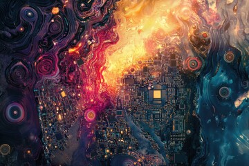 Fototapeta premium Abstract artwork depicting a circuit board overlaid with swirling, cosmic nebulae, blending technology and nature.